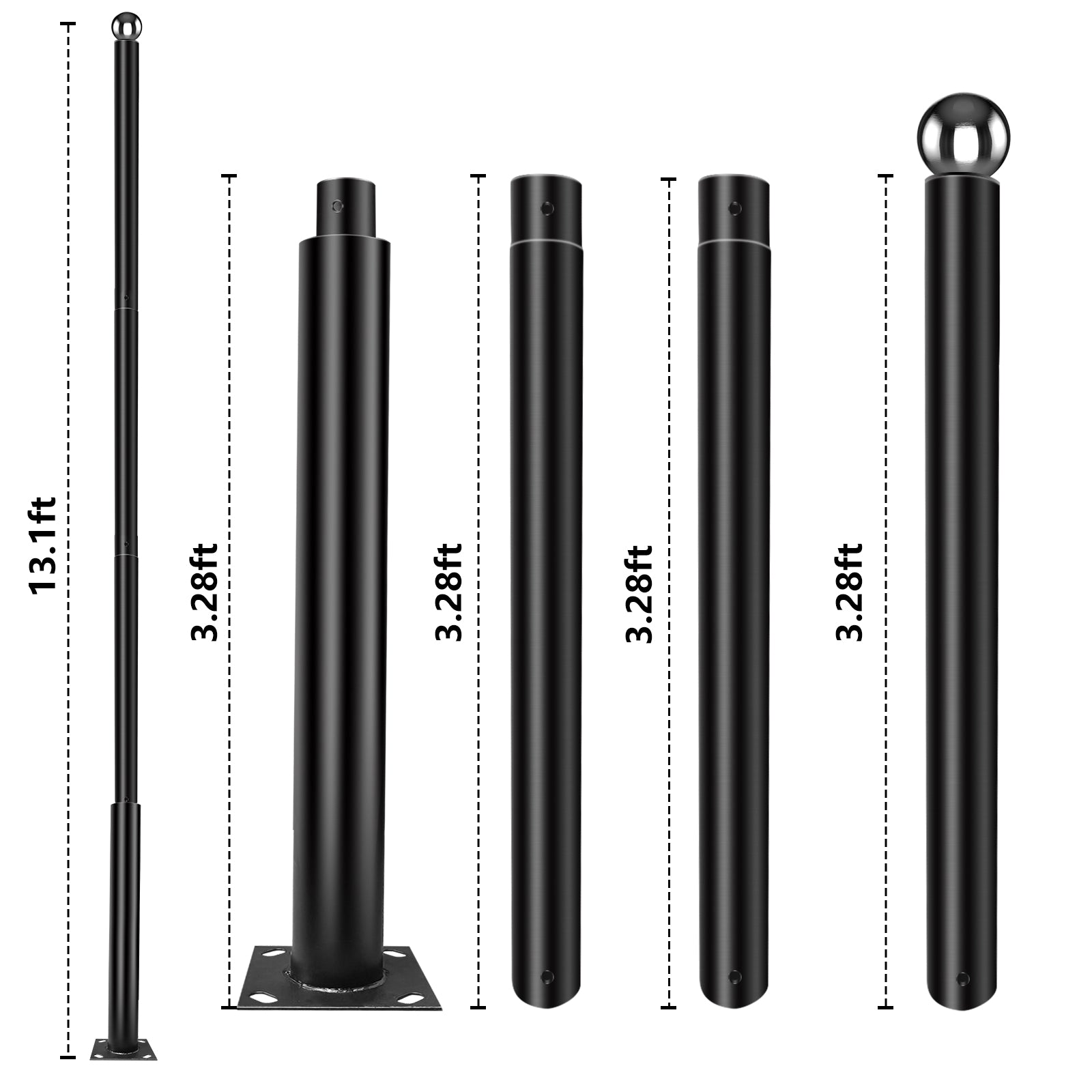 TENKOO Street Light Pole Black 3.1 in. UP to 13.1 FT Tall.  Outdoor Universal Metal Street Light Pole Post with Base Mounting Steel Anchors