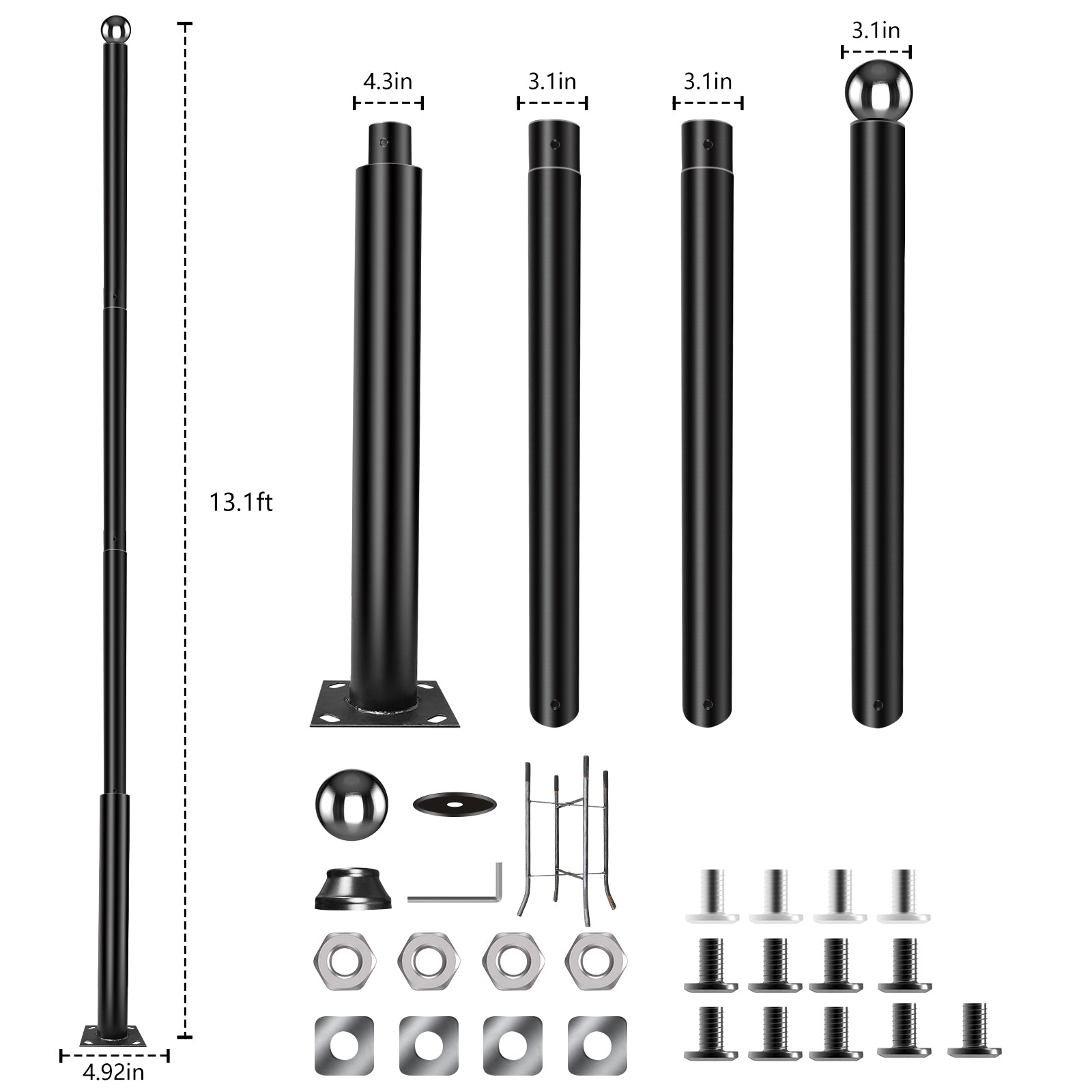 TENKOO Street Light Pole Black 3.1 in. UP to 13.1 FT Tall.  Outdoor Universal Metal Street Light Pole Post with Base Mounting Steel Anchors